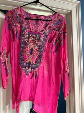 Johnny Was Hot Pink Embroidered Boho Tunic